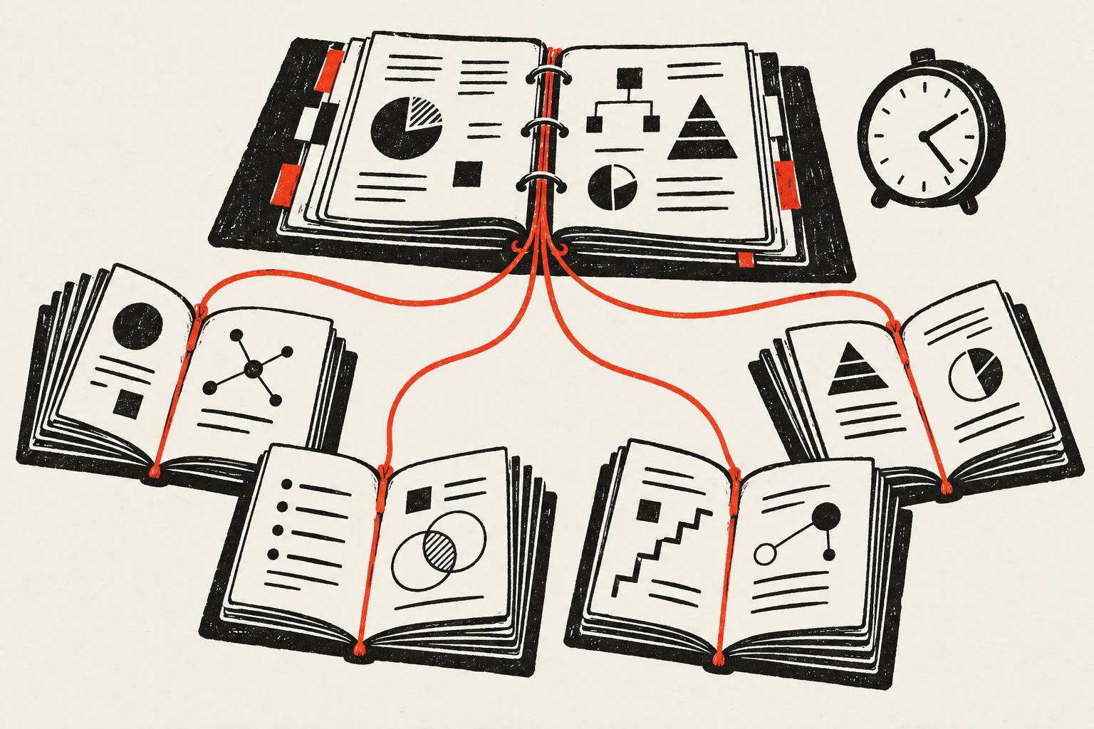 A two-color print-style illustration of a teacher’s open course binder connected by vermilion threads to four learner notebooks, with a small clock beside the binder.